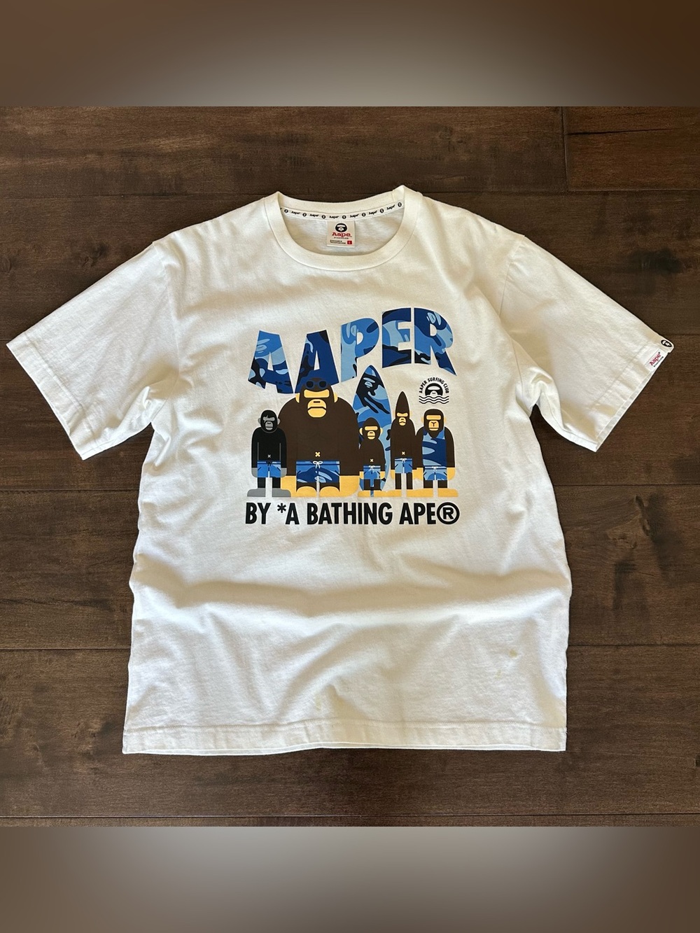 Bape White Tee with Blue Camo Ape Family Graphic